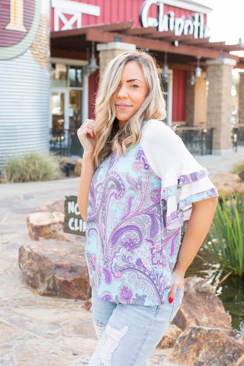 Vivacious Paisley Ruffled Raglan