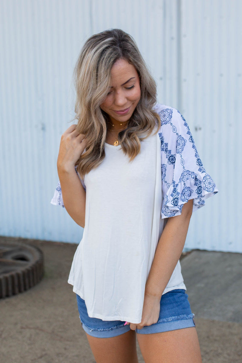 Royal Delft Ruffle Sleeve Top