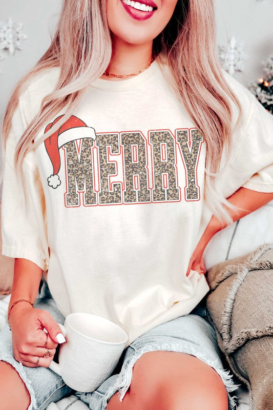 LEOPARD MERRY SANTA HAT Graphic Tee