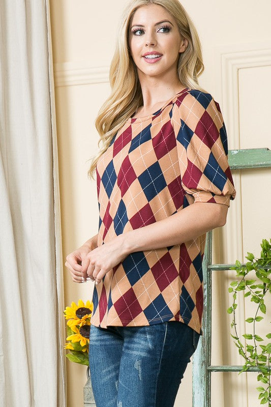 Argyle Print Puff Sleeve Knit Jersey Top