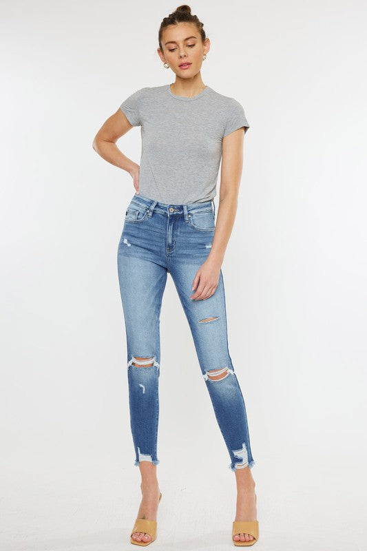 High Rise Leg Distress Bootcut Jeans