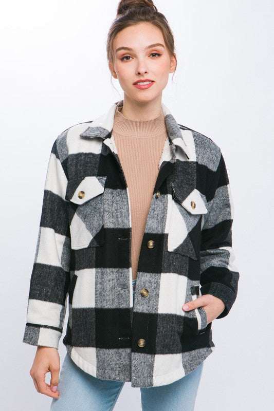 Plaid Button Down Jacket with Front Pocket Detail