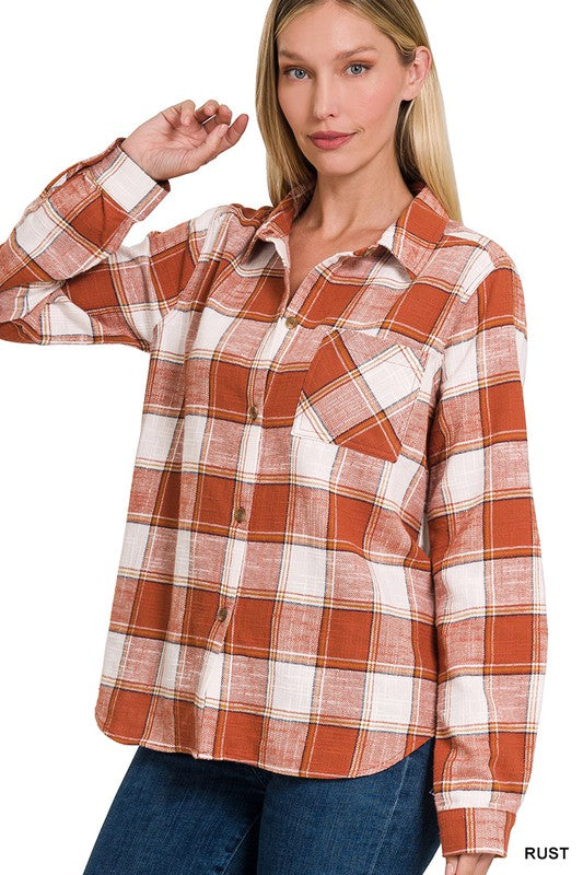 Cotton Plaid Shacket with Front Pocket