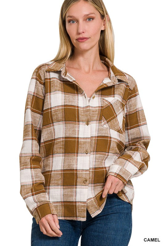 Cotton Plaid Shacket with Front Pocket