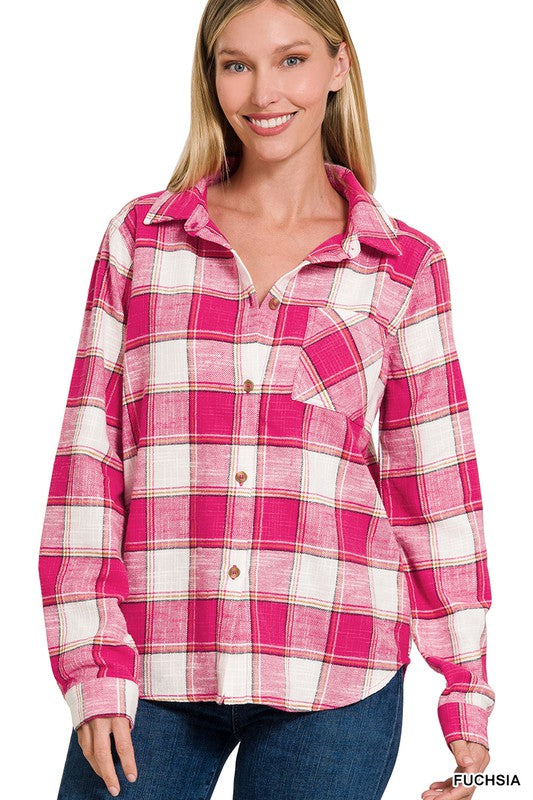 Cotton Plaid Shacket with Front Pocket