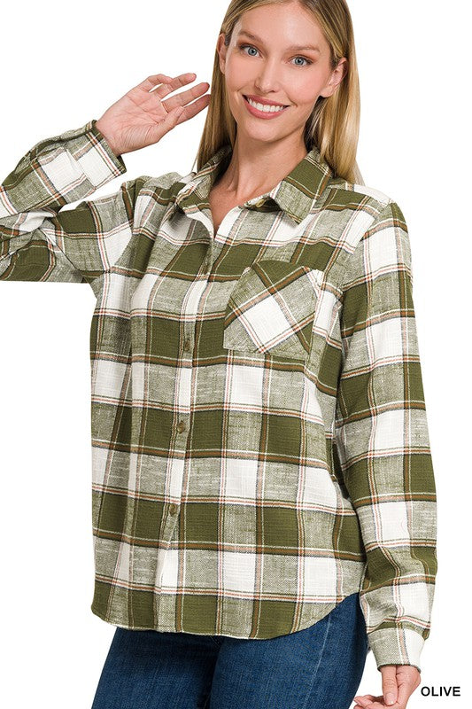 Cotton Plaid Shacket with Front Pocket