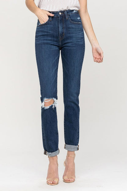 Distressed Roll Up Stretch Mom Jeans