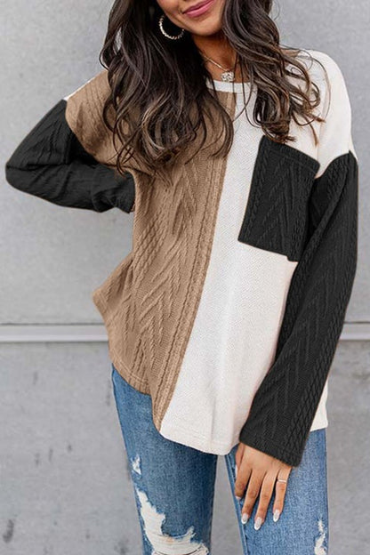 Cable knit color block round neck sweater