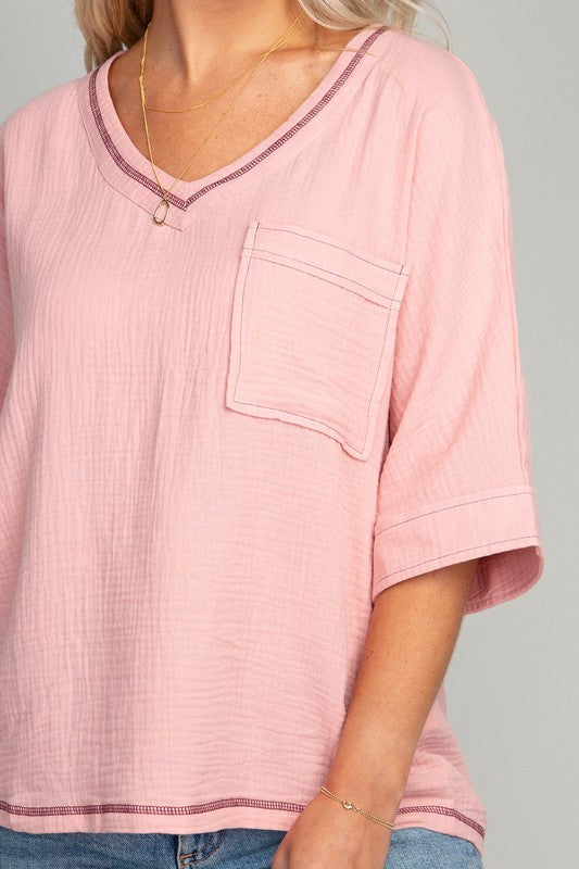 Pocket v neck top with contrast stitch