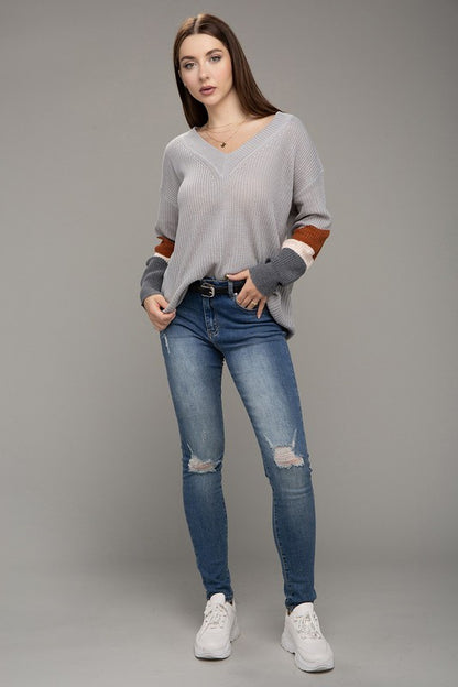 Color Block Dropped Shoulder Sweater