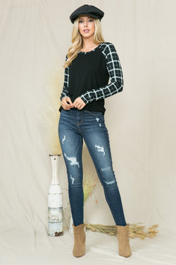 Solid Plaid Contrast Long Sleeve Top
