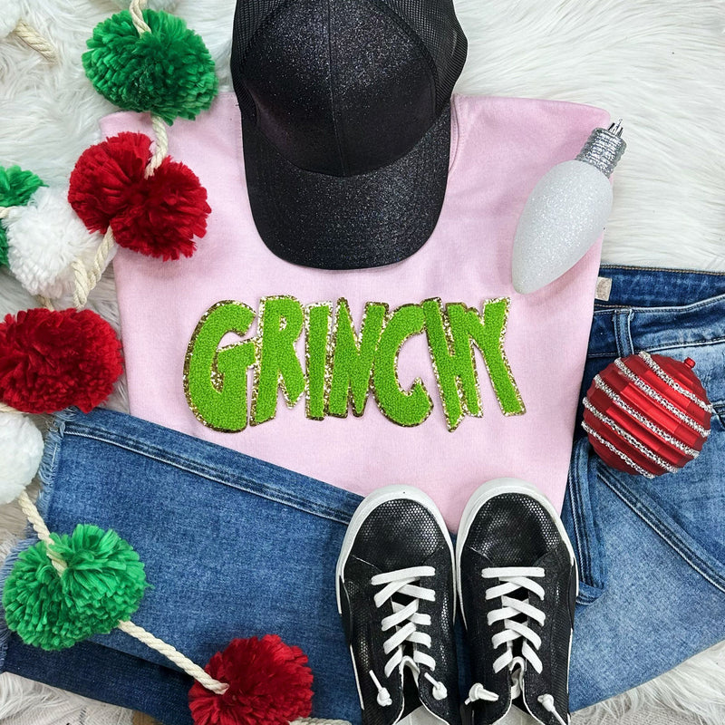 Grinchy Chenille Patch Light Pink Crewneck Sweatshirt