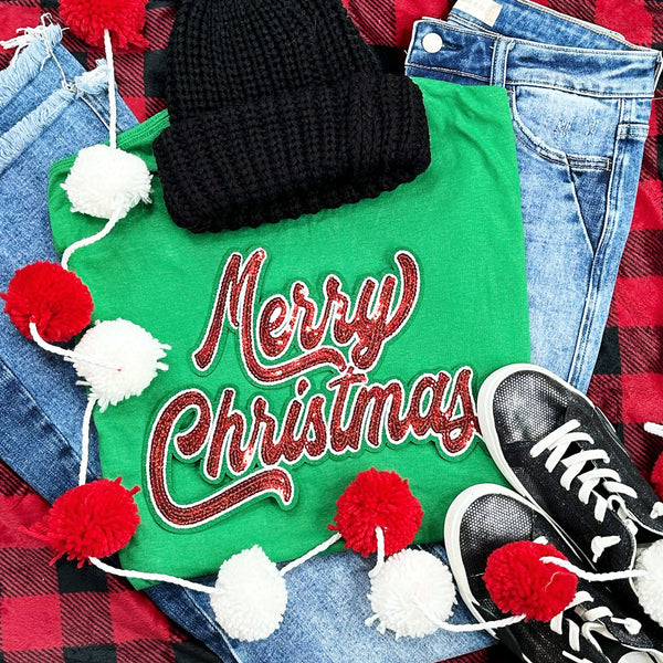 Red Sequin Merry Christmas Chenille Green Everyday Tee