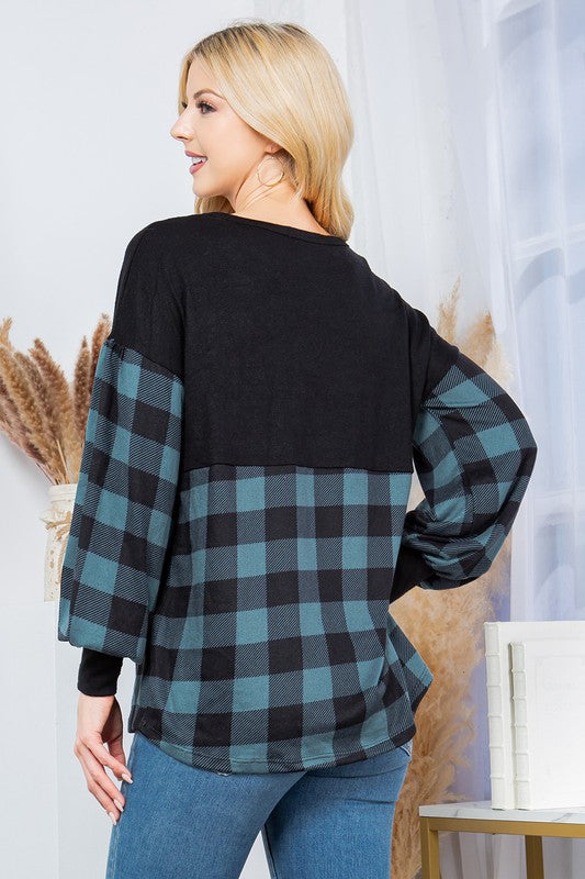 Plaid Contrast Bell Sleeve Sweater Knit