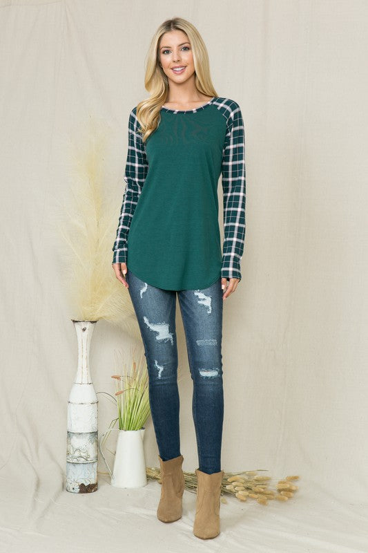 Solid Plaid Contrast Long Sleeve Top