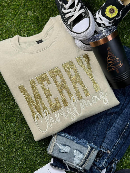 Merry Christmas Gold glitter Embroidery Gildan Crew