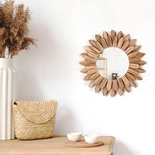 Honiway Wall Mirror Decorative 12 inch Rustic Wood Mirror Sunburst Boho Mirror for Entryway Bedroom Living Room Carbonized Black