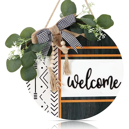 CHDITB Boho 3D Welcome Wreath for Front Door(11.42"x11.42"), Rustic Farmhouse Porch Wreath Sign with Eucalyptus Leaves Plaid Bow Bead, Round Welcome Fall Door Hanger for Porch Outdoor
