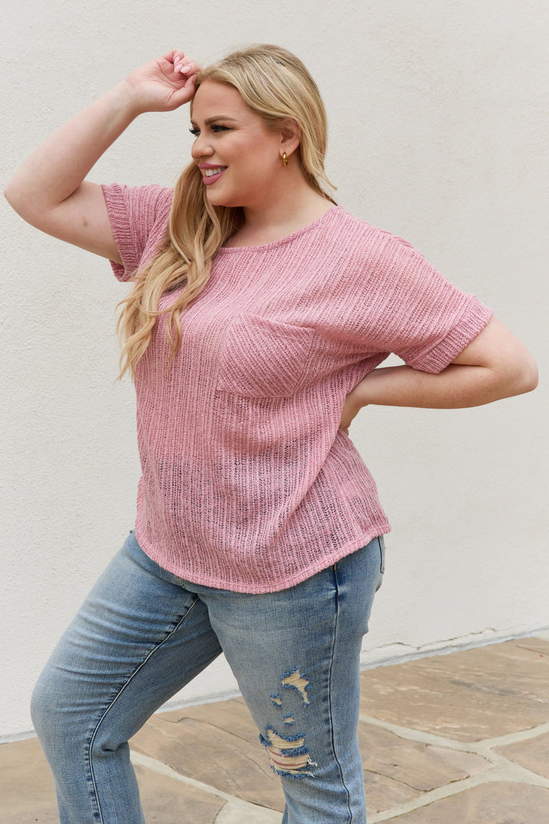 e.Luna Full Size Chunky Knit Short Sleeve Top in Mauve