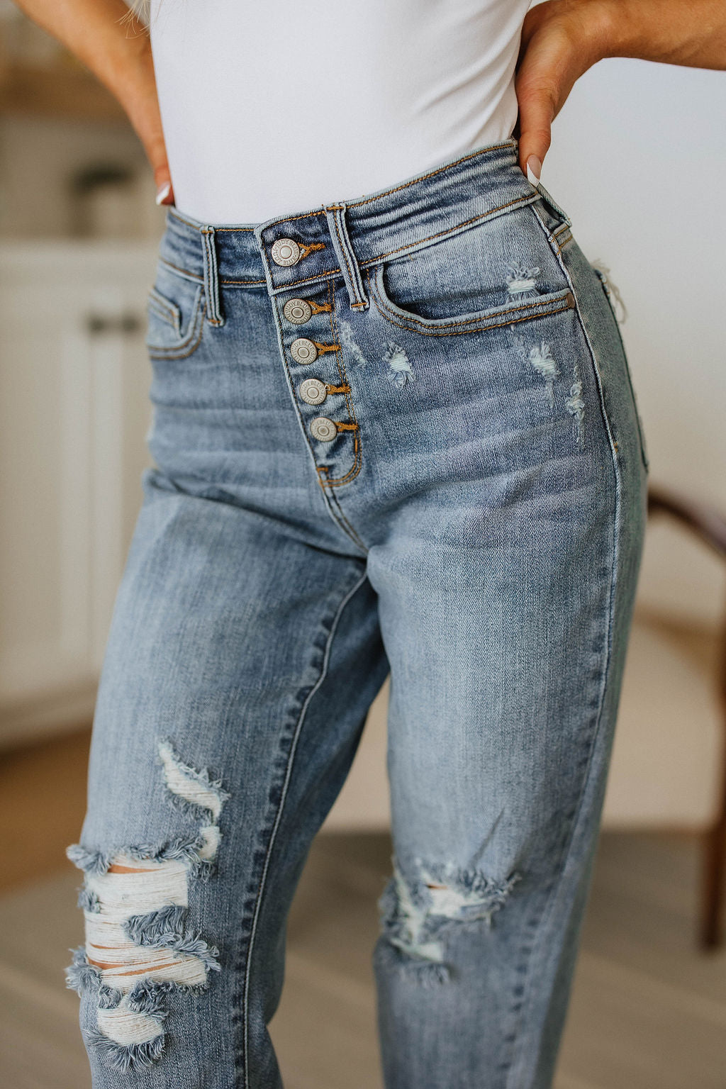 Josie High Rise Button Fly Boyfriend Jeans