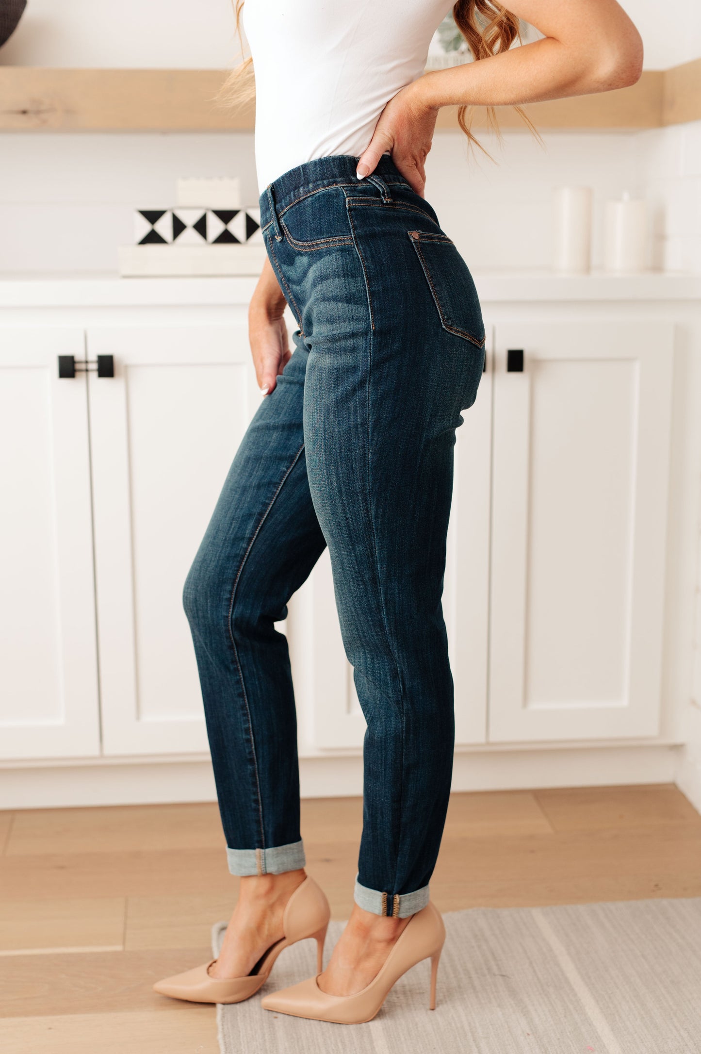 Rowena Judy Blue High Rise Pull On Double Cuff Slim Jeans